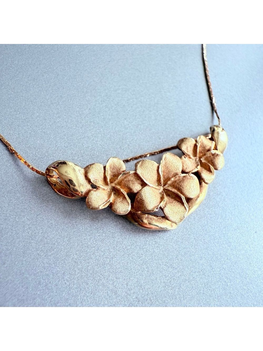 14K Solid Yellow Gold Three Hawaiian Plumeria Flower Pendant Enhancer Necklace - Picture 2 of 9